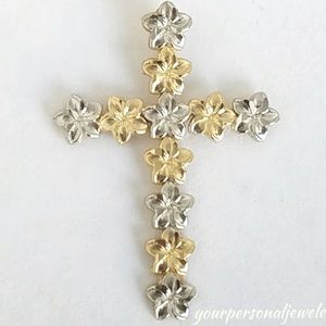 Brand New Two Toned 14K Gold Plumeria Cross Pendant